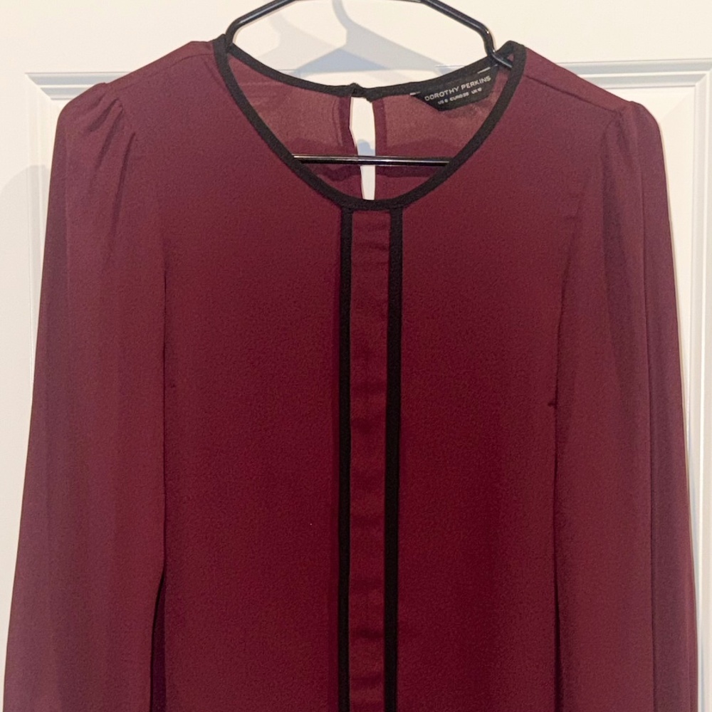 Dorothy Perkins Burgundy Sheer Blouse - Black Trim, Long Sleeves, Keyhole Back